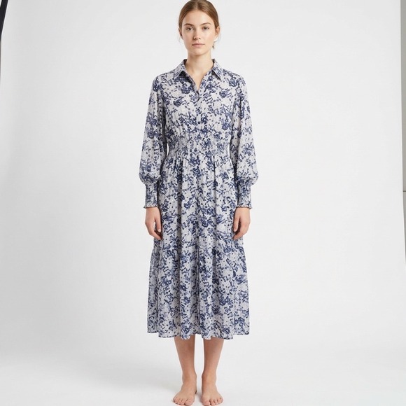 Boemos Dresses & Skirts - Boemo Blue Floral Smocked Waist Tiered Midi Dress Mauve Pink Size M Long Sleeve